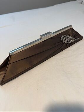 Inge Christopher Satin Brown Evening Clutch with Crystal Leaf Accent